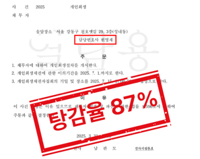 탕감율 87%, 개인회생 개시결정 사례 실제 승소 이미지