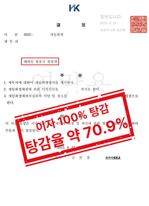 보육교사 5,100만 원 채무, 원금 약 70.9% 탕감 개인회생 개시결정 사례 판결 원본 서류