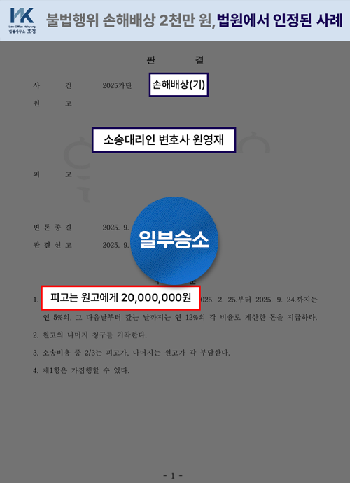 불법행위 손해배상 2천만 원, 법원에서 인정된 사례 판결 원본 서류