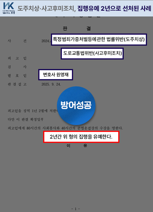 도주치상·사고후미조치, 집행유예 2년으로 선처된 사례 판결 원본 서류