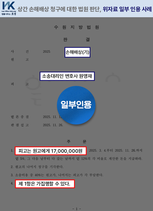 상간손해배상 1,700만 원 인정, 일부승소 사례 판결 원본 서류