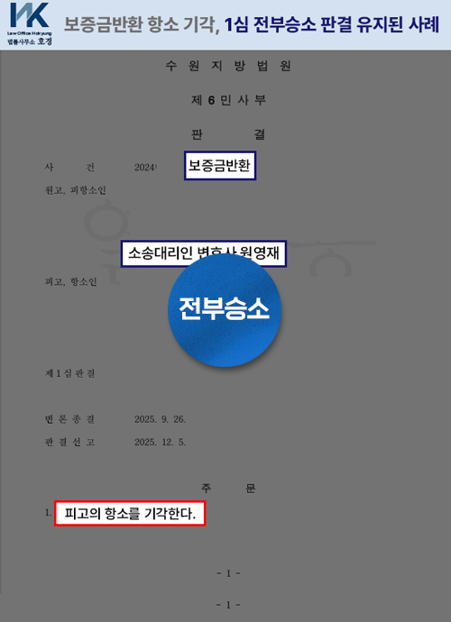 보증금 3,000만 원 전액 인정 · 항소 기각 판결 원본 서류