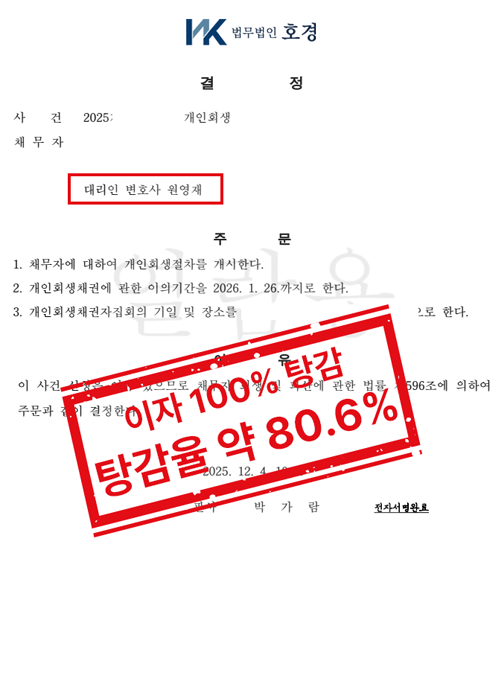 사회초년생 생활비·의료비 채무, 원금 약 80.6% 탕감 개인회생 개시결정 사례 판결 원본 서류