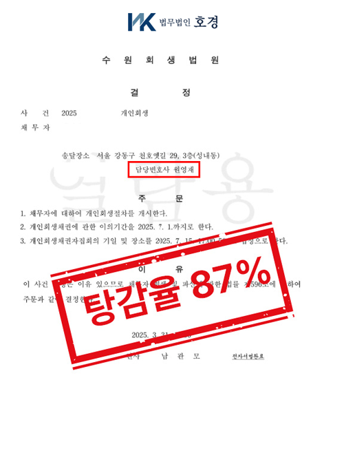 탕감율 87%, 개인회생 개시결정 사례 판결 원본 서류