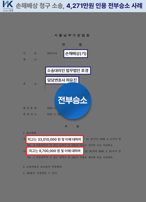 손해배상 책임 인정되어 4,271만원 전액 지급 판결된 사건 판결 원본 서류